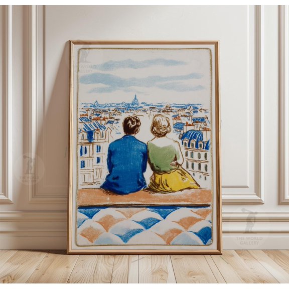 Paris Rooftop Poster Romantic Blue Paper Wall Art