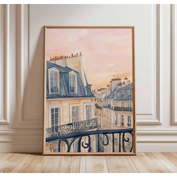 Paris Rooftop Sunset Poster, Romantic French Balcony Wall Art, Haussmann Architecture Print, Parisian View Decor, Cityscape Illustration, Poster Only