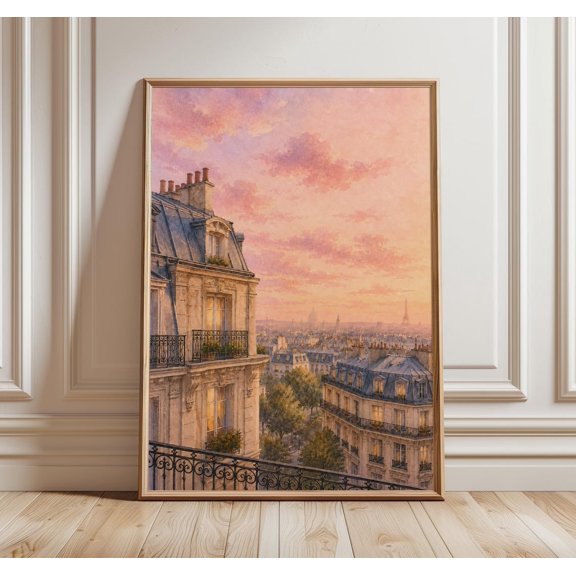 Paris Rooftop Sunset Wall Art Romantic French Balcony Print Haussmann Architecture Parisian View Decor, Unframed Paper Print
