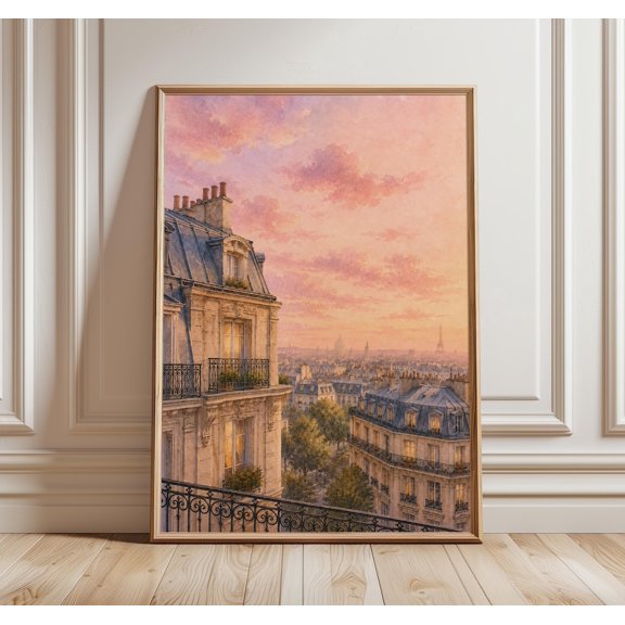 Paris Rooftop Sunset Wall Art, Romantic French Balcony Print, Haussmann Architecture Poster, Parisian View Decor, Poster Only