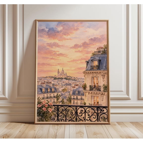 Paris Rooftop Wall Art Romantic Paris Sunset Sacre Coeur French Apartment View Decor Parisian Cityscape, Unframed Paper Print