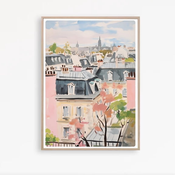 Paris Rooftops Pink Wall Art Print, Unframed Paper Poster 24x36in