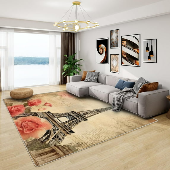 Paris Rug, Romantic Rose Eiffel Tower Rugs For Living Room Bedroom, Washable Non Slip Soft Small Carpet, Patterned Area Rugs & Home Decor