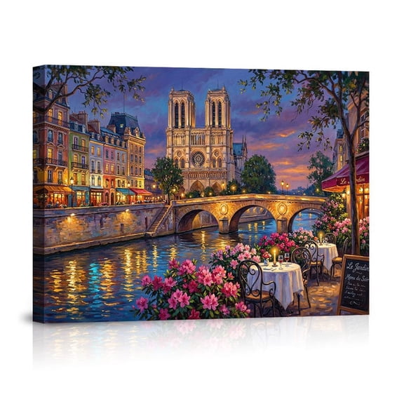 Paris Seine River Evening View With Notre Dame Romantic French Cafe Cityscape For Home Canvas