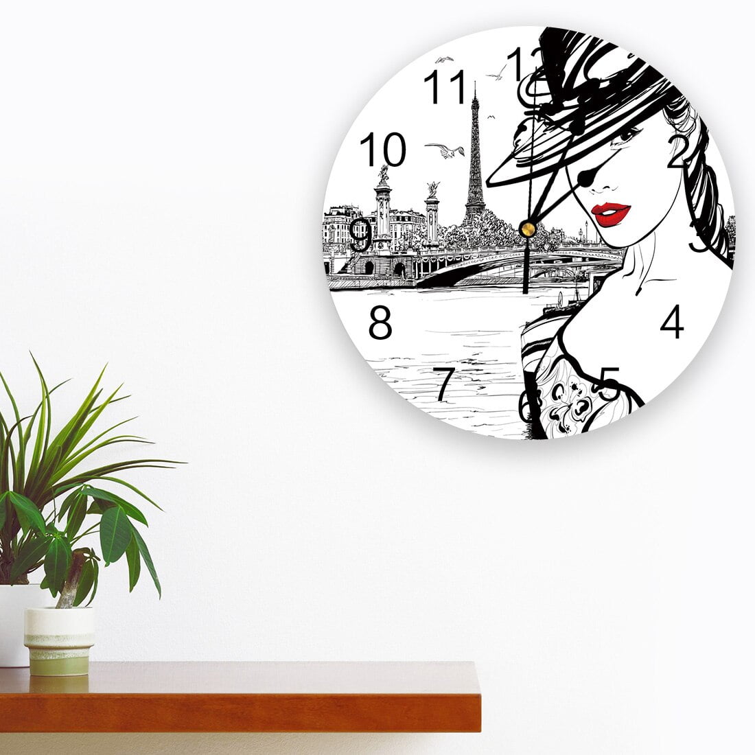 Paris Seine Woman Eiffel Tower Red Lips Wall Clock Bedroom Silent Wall Digital Clock Living Room