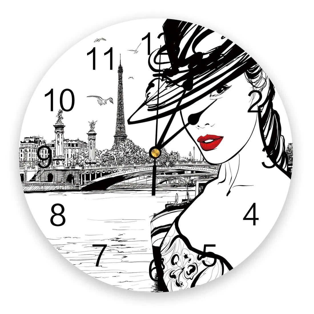 Paris Seine Woman Eiffel Tower Red Lips Wall Clock Home Decor Bedroom Silent Clock Digital Clock