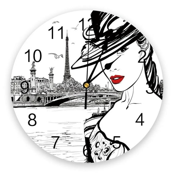 Paris Seine Woman Eiffel Tower Red Lips Wall Clock Home Decor Bedroom Silent Clock Digital Clock Wall Clock for Kids Rooms