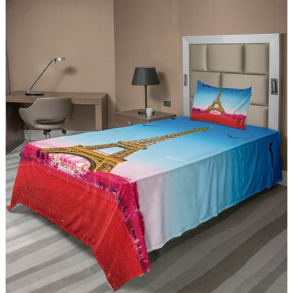 Ambesonne Paris Fitted & Top Sheet Set with Sham, Abstract Grass Eiffel Tower, Fuchsia and Blue
