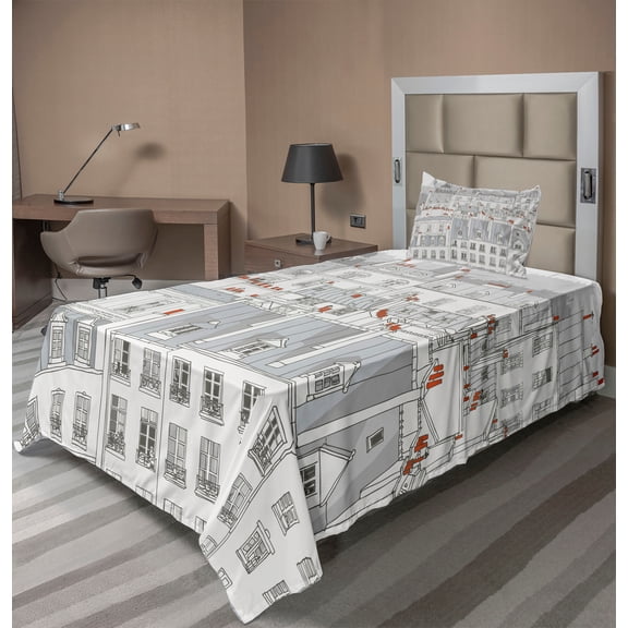 Paris Sheet Set, Aerial View Illustration of Roofs Attics of Paris City European Buildings, Fitted and Flat Sheet Pillowcase Bedding Accent 3 Piece Set, Twin, Pale Grey Orange White, by Ambesonne