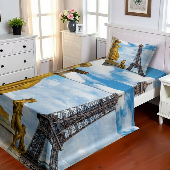 Ambesonne Paris Fitted & Top Sheet Set with Sham, Antique Sculptures Eiffel, Blue and Yellow