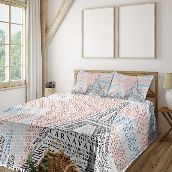 Paris Sheet Set, Art Themed Creative Design Eiffel Tower on Union Jack Created Lettering Print, Fitted and Flat Sheet Pillowcases Bedding Accent 4 Piece Set, Queen, Red and Black, by Ambesonne
