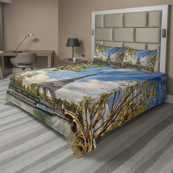Ambesonne Paris Fitted & Top Sheet Set with Shams, Paris Cloudy Sky Eiffel Tower, Blue Brown