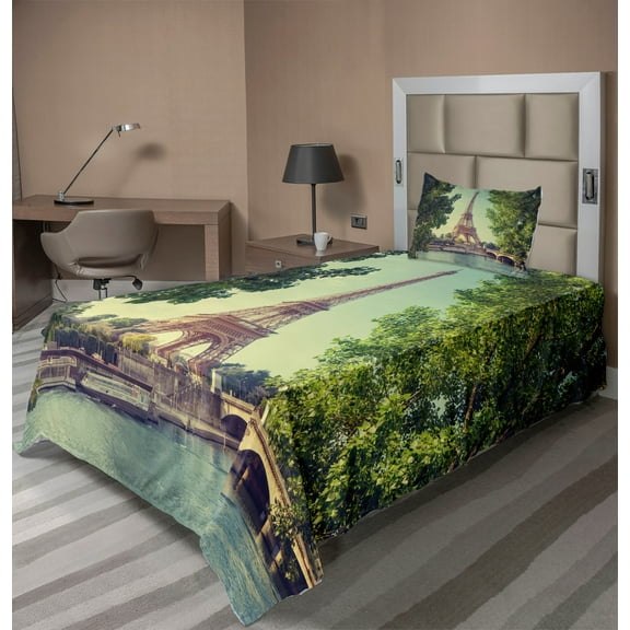 Ambesonne Paris Fitted & Top Sheet Set with Sham, Eiffel Tower Seine River, Almond Green Pale Brown