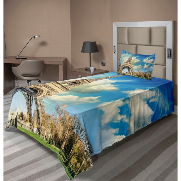 Ambesonne Paris Fitted & Top Sheet Set with Sham, Eiffel Tower Autumn Trees, Blue and Beige