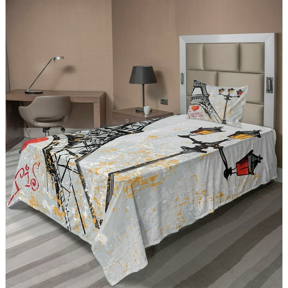 Ambesonne France Fitted & Top Sheet Set with Sham, Grunge Eiffel Europe, Yellow Black and Red