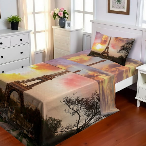 Ambesonne Paris Fitted & Top Sheet Set with Sham, Parisian Cityscape at Sunset, Orange and Brown