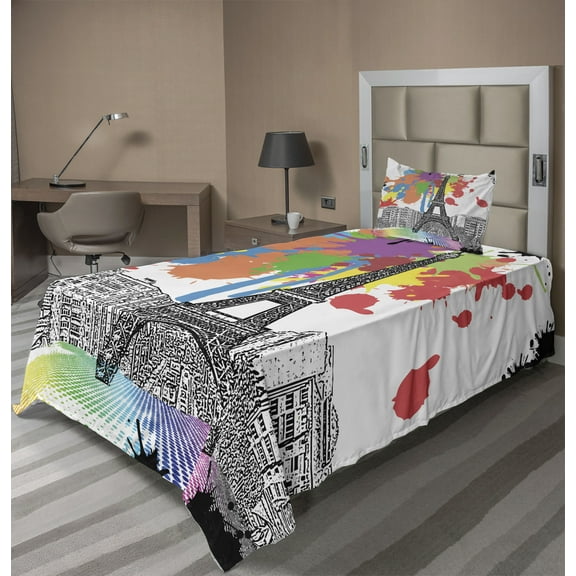 Ambesonne Paris Fitted & Top Sheet Set with Sham, Splashing Spots Eiffel Tower, Orange Black