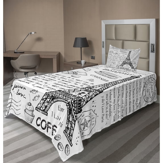 Ambesonne Black White Fitted & Top Sheet Set with Sham, Bonjour Croissan Coffee, Black White