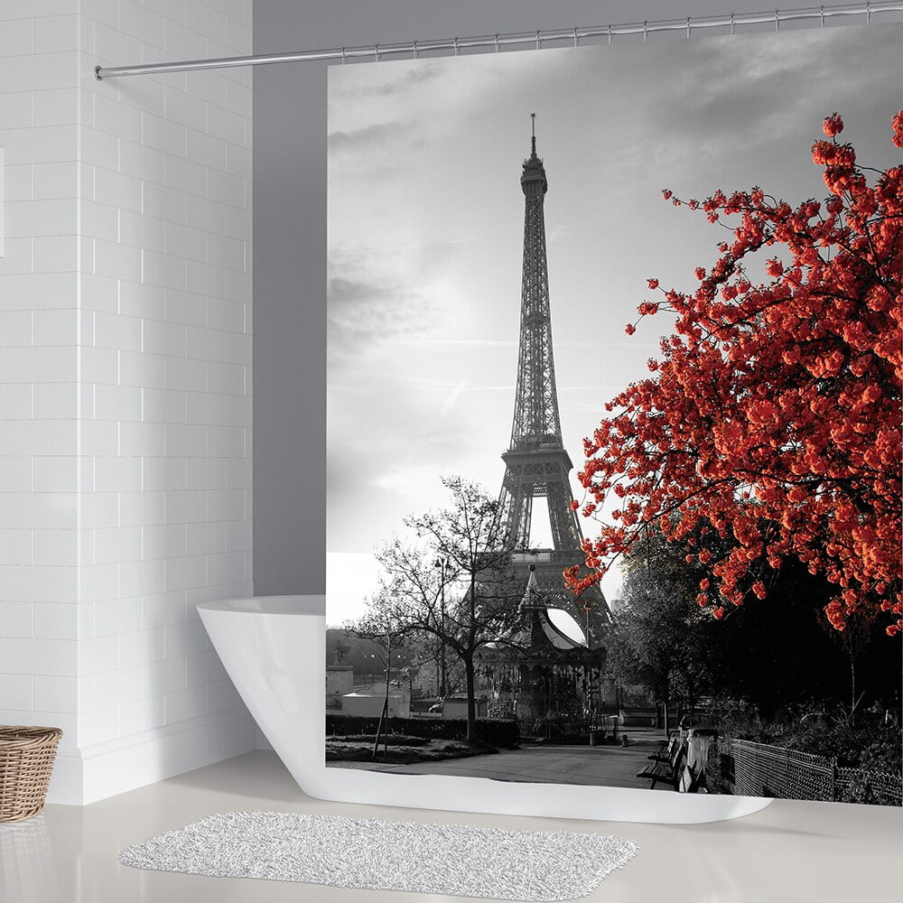 Paris Shower Curtain Brown Vintage Eiffel Tower Shower Curtain Fabric Flower Bathroom Shower