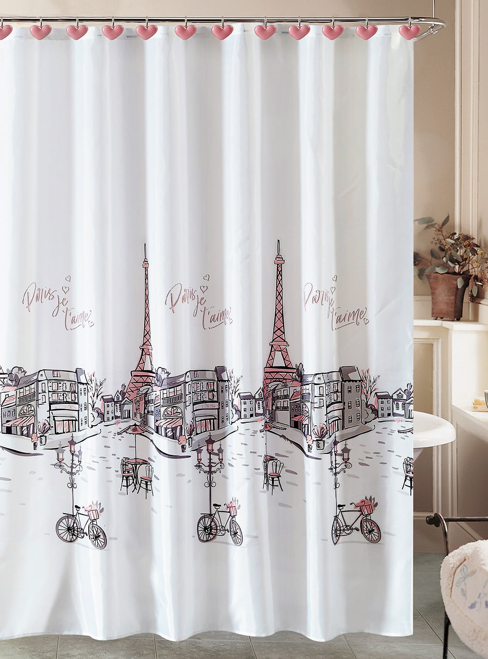 Paris Shower Curtain And 12 Resin Hooks Bathroom Set Eiffel Tower French Grey Pink Com