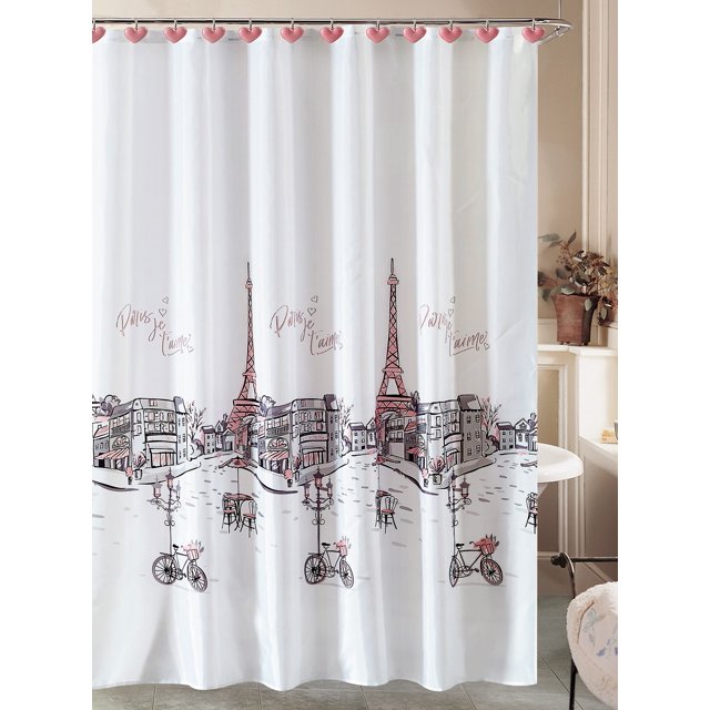 Paris Shower Curtain and 12 Resin Hooks Bathroom Set Eiffel Tower
