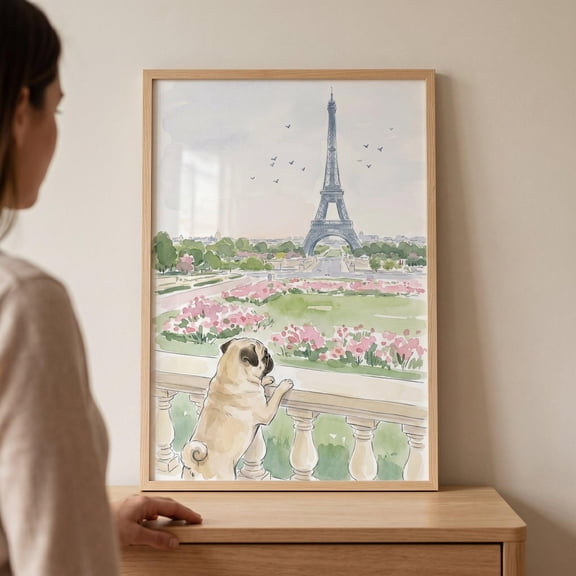 Paris Sightseeing Watercolor Pug Wall Art Eiffel Tower Travel Poster French Cityscape Dog