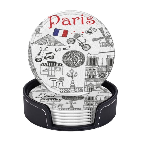 Paris Sketch Hand Drawn Coasters With Leather Holder Set Of 6 Round Coasters for Home and Kitchen Decor