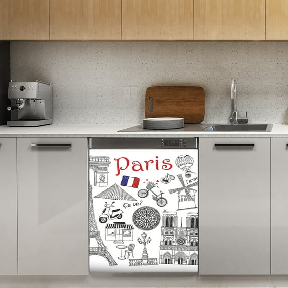Paris Sketch Hand Drawn Dishwasher Magnet Cover Decorative Sticker for Home Cabinet Kitchen 23" x26"