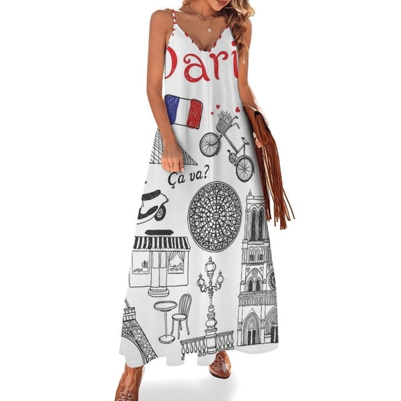 Paris Sketch Hand Drawn Sleeveless Dress Women's Evening Dress Womans Clothing
