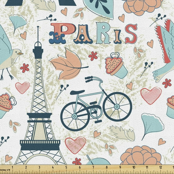 Paris Sofa Upholstery Fabric by the Yard, Dove Cupcake Eiffel Tower Flowers Falling Leaves Love Grungy Autumn in France Theme, Decorative Fabric for DIY Home Accents, 5 Yards, Multicolor by Ambesonne