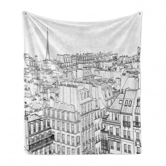 Paris Soft Flannel Fleece Blanket, Architecture Theme Design Illustration of Roofs in Paris and Eiffel Tower Print, Cozy Plush for Indoor and Outdoor Use, 50" x 60", Black and White, by Ambesonne