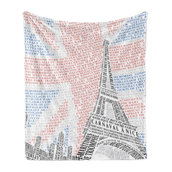 Paris Soft Flannel Fleece Blanket, Art Themed Creative Design Eiffel Tower on Union Jack Created with Lettering Print, Cozy Plush for Indoor and Outdoor Use, 60" x 80", Red and Black, by Ambesonne