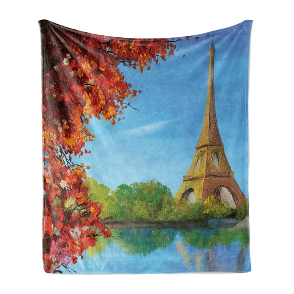 Paris Soft Flannel Fleece Blanket, Autumn Eiffel Tower France European Design Oil Paintign Fine Art Illustration, Cozy Plush for Indoor and Outdoor Use, 60" x 80", Blue and Vermilion, by Ambesonne
