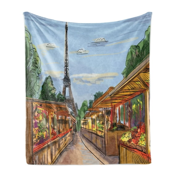 Paris Soft Flannel Fleece Blanket, Colorful Sketchy Painted Illustration of France City Street Trading Eiffel Tower, Cozy Plush for Indoor and Outdoor Use, 50" x 70", Amber and Blue, by Ambesonne