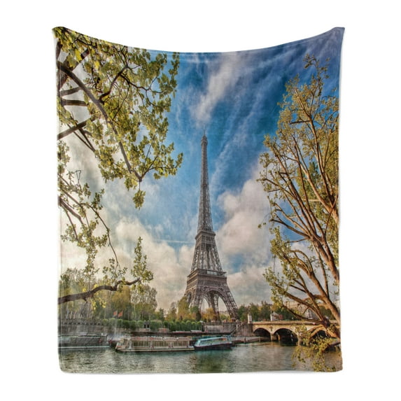 Paris Soft Flannel Fleece Blanket, Eiffel Tower and Cloudy Sky Panoramic Photo Springtime Paris Travelling Destination, Cozy Plush for Indoor and Outdoor Use, 70" x 90", Blue Brown, by Ambesonne