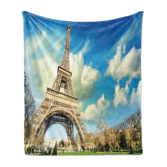 Paris Soft Flannel Fleece Blanket, Famous Eiffel Tower France and Cloudy Autumn Sky Bare Branched Trees Fall Season, Cozy Plush for Indoor and Outdoor Use, 50" x 60", Blue and Beige, by Ambesonne