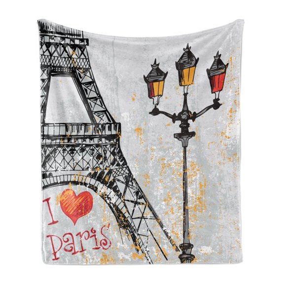 Paris Soft Flannel Fleece Blanket, Grunge Illustration of Eiffel with Lanterns European Lifestyle Culture Artwork, Cozy Plush for Indoor and Outdoor Use, 50" x 70", Red Black Yellow, by Ambesonne