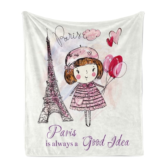Paris Soft Flannel Fleece Blanket, Little Girl Holding Balloons Hearts a Cloud and Eiffel Tower Illustration, Cozy Plush for Indoor and Outdoor Use, 50" x 70", Pale Pink Purple White, by Ambesonne