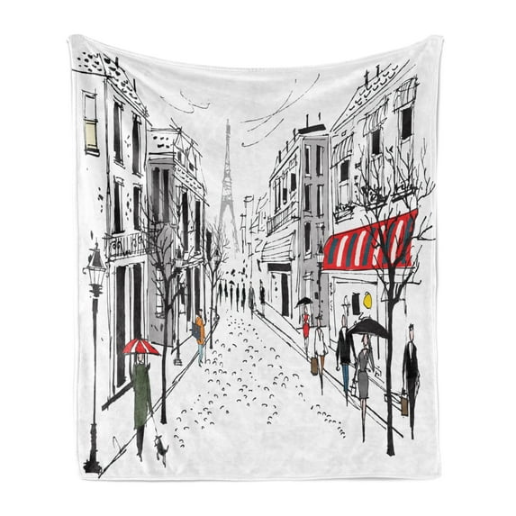 Paris Soft Flannel Fleece Blanket, Old French Pedestrians Stores Trees and the Silhouette of Eifffel Urban Illustration, Cozy Plush for Indoor and Outdoor Use, 50" x 70", Multicolor, by Ambesonne