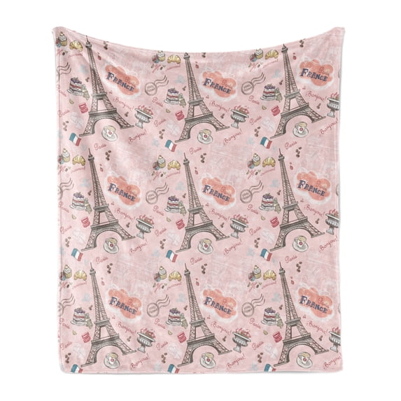 Paris Soft Flannel Fleece Blanket, Romantic Elements from the Capital City of the France Croissant Muffin Macaroon Paris, Cozy Plush for Indoor and Outdoor Use, 50" x 70", Multicolor, by Ambesonne