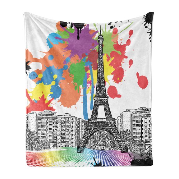 Paris Soft Flannel Fleece Blanket, Splashing Spots Colorful Modernistic Detailed Sketchy Urban Houses and Eiffel Tower, Cozy Plush for Indoor and Outdoor Use, 50" x 70", Orange Black, by Ambesonne