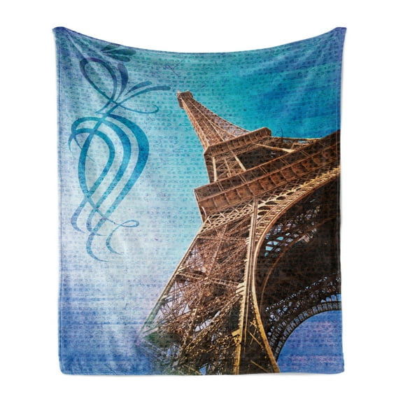 Paris Soft Flannel Fleece Blanket, Tilt Shot Eiffel Tower on Blue Tone Creative Background Traveling Tourism Theme, Cozy Plush for Indoor and Outdoor Use, 50" x 70", Blue and Brown, by Ambesonne
