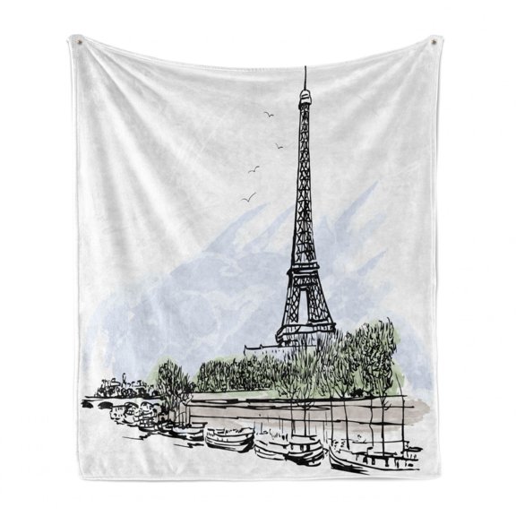 Paris Soft Flannel Fleece Throw Blanket, Architecture Theme Illustration of Eiffel Tower Birds and Trees Pattern Print, Cozy Plush for Indoor and Outdoor Use, 70" x 90", Black and White, by Ambesonne