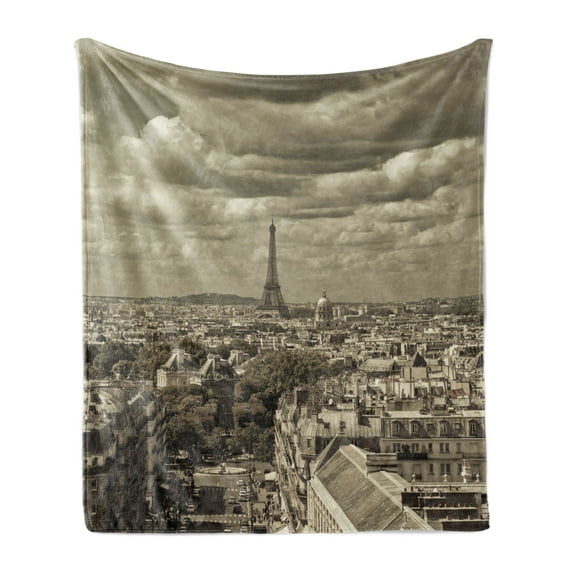 Paris Soft Flannel Fleece Throw Blanket, City Skyline of Eiffel and Dark Cloudy Weather Capital France Region Historical Retro, Cozy Plush for Indoor and Outdoor Use, 50" x 60", Beige, by Ambesonne