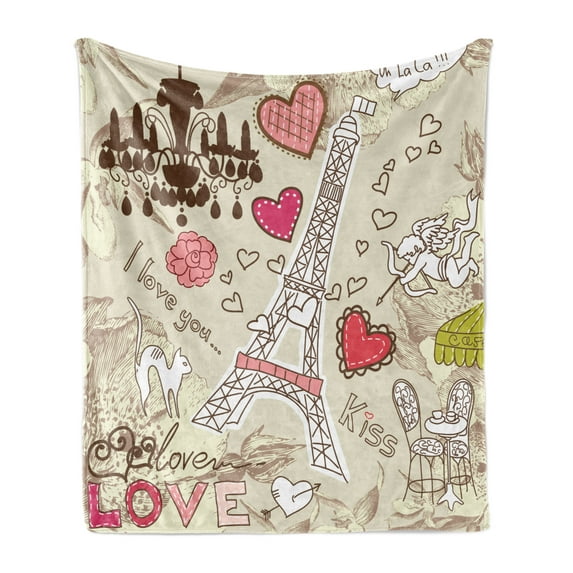 Paris Soft Flannel Fleece Throw Blanket, Doodles Illustration of Eiffel Tower Hearts Chandelier Flower Love Themed Vintage, Cozy Plush for Indoor and Outdoor Use, 60" x 80", Beige Pink, by Ambesonne