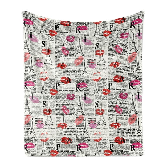 Paris Soft Flannel Fleece Throw Blanket, Eifel Tower Sketches and Lipstick Kises Pattern, Cozy Plush for Indoor and Outdoor Use, 50" x 60", Charcoal Grey Multicolor, by Ambesonne