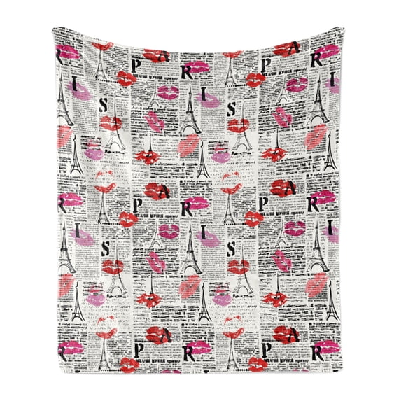 Paris Soft Flannel Fleece Throw Blanket, Eifel Tower Sketches and Lipstick Kises Pattern, Cozy Plush for Indoor and Outdoor Use, 60" x 80", Charcoal Grey Multicolor, by Ambesonne