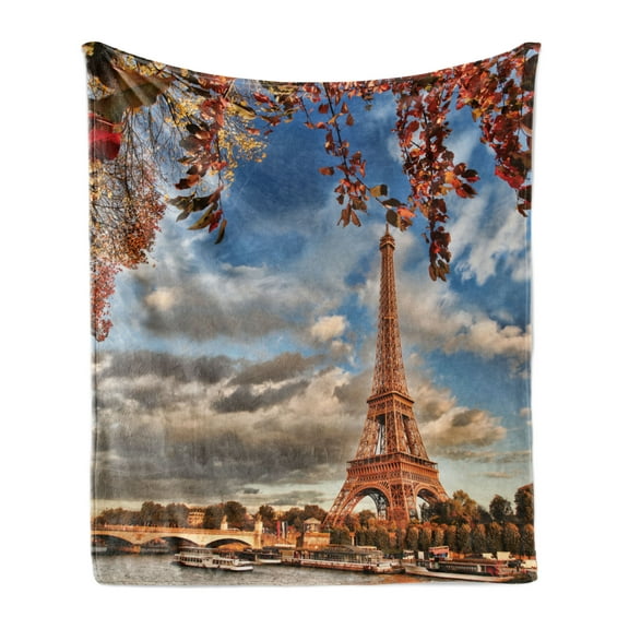 Paris Soft Flannel Fleece Throw Blanket, Eiffel Tower in Autumn Season Fall Leaves and Cloudy Sky, Cozy Plush for Indoor and Outdoor Use, 70" x 90", Burnt Sienna Multicolor, by Ambesonne