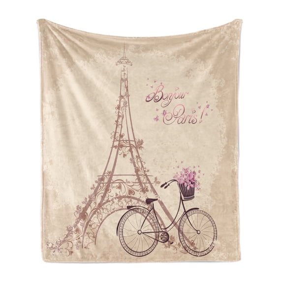 Paris Soft Flannel Fleece Throw Blanket, Eiffel Tower Floral Style Romantic Vintage Bike with Flowers Bonjour Paris Words Print, Cozy Plush for Indoor and Outdoor Use, 50" x 70", Beige, by Ambesonne