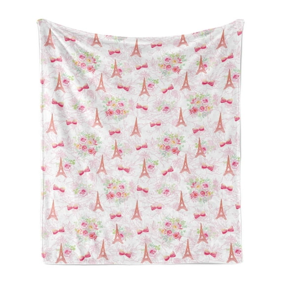 Paris Soft Flannel Fleece Throw Blanket, Eiffel Towers and French Bouquets Bows with Romantic Pattern, Cozy Plush for Indoor and Outdoor Use, 60" x 80", Pale Green Pale Pink, by Ambesonne